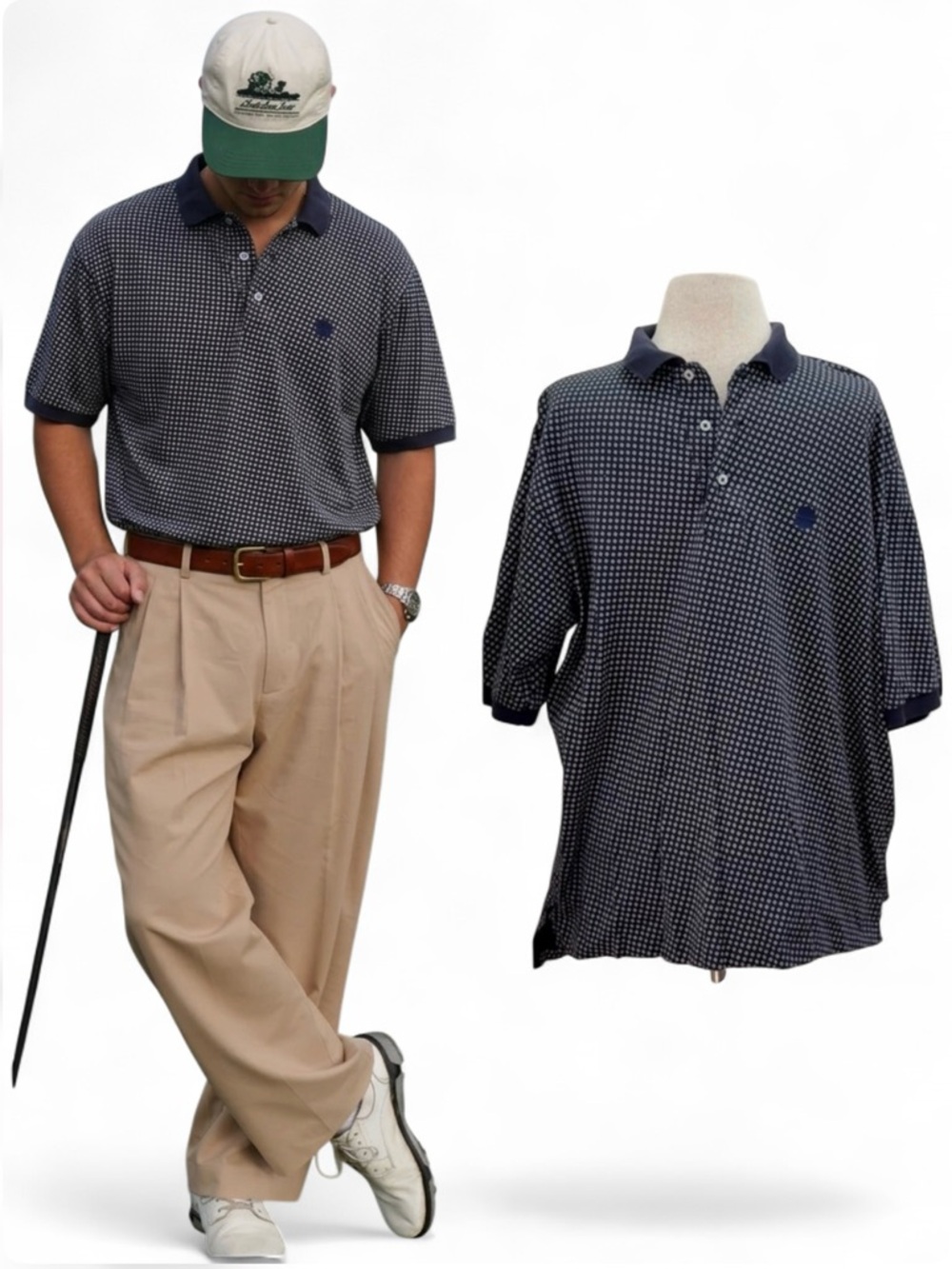 Polo Ralph Lauren Golf Pickleball Navy Diamond Print Polo Shirt Sz Large Preppy